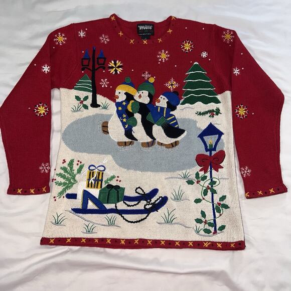Designers Originals Sweater Size S Red Skating Penguins Ugly Christmas Holiday - Picture 1 of 13
